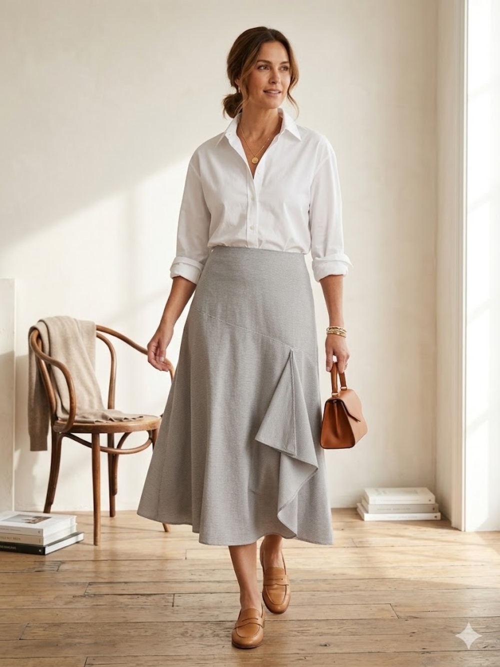ANN MASHBURN Light Gray Micro Stripe Ruffle Midi Skirt  | S | EUC | Old Money